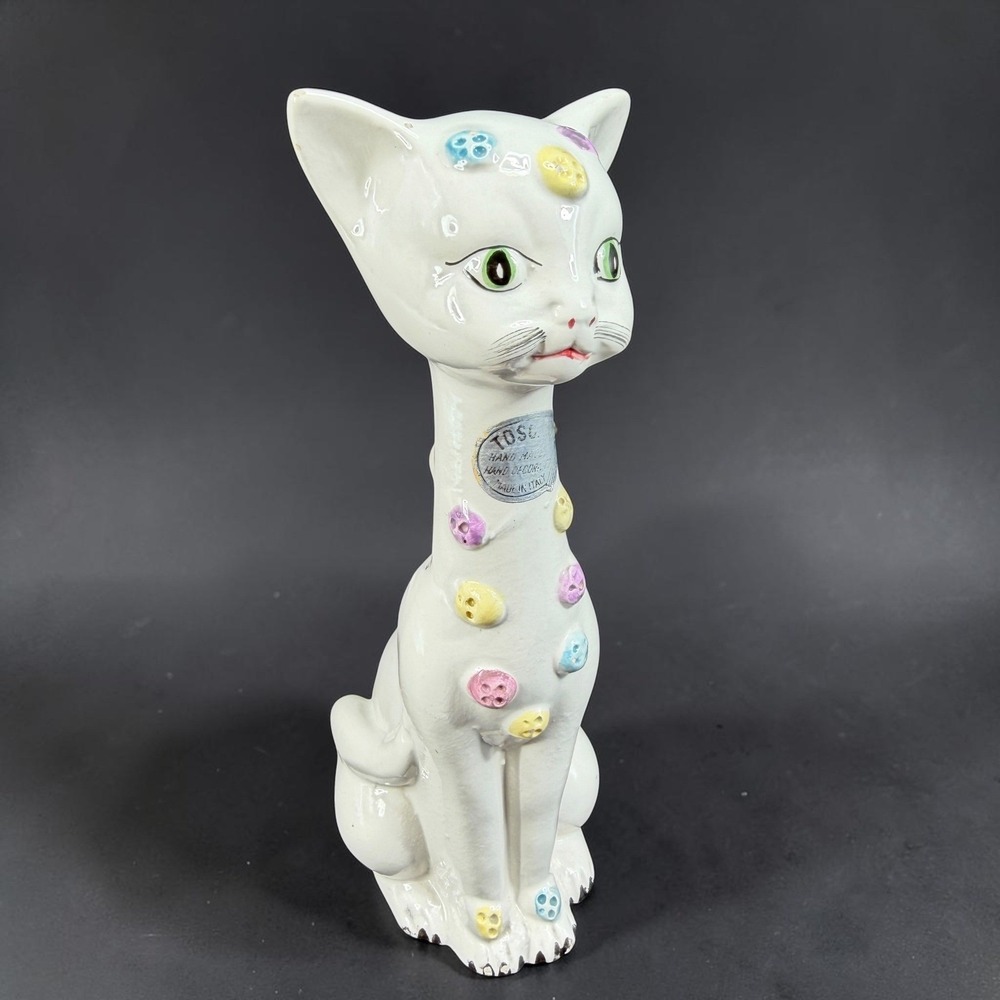 Vintage Tosca Italy Ceramic Cat Figurine MCM Hand Painted White Pastel Buttons‎